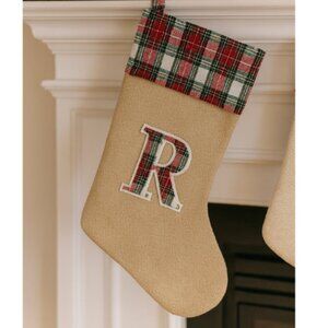 Personalized Christmas Stocking with Plaid Trim and Monogram Letter “R” – Rusti
